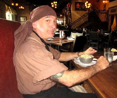 Stynky eating Corn and Crab Chowder