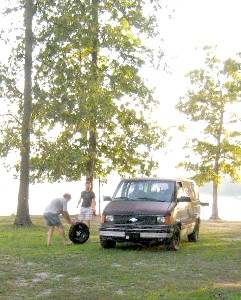 Mike Dollinger and Michael Bagley rolling tires