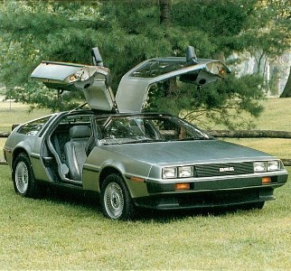 A Delorean on the grass