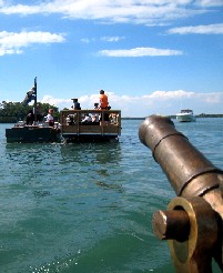 Aiming deck gun at Cannon Barge