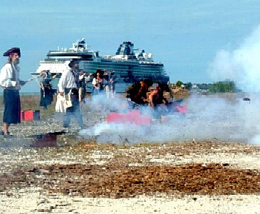 Pirates firing in front of a Cruise Ship
