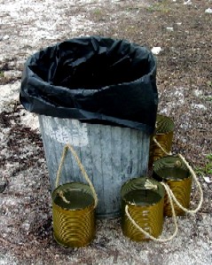 Fire buckets by the trash after the catastrophe