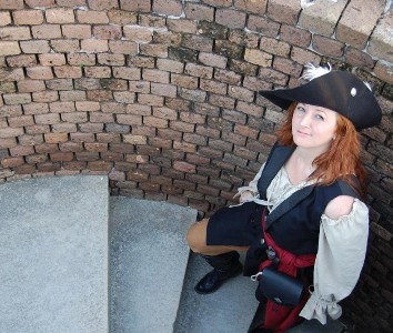 Red Jessi coming up the stairs