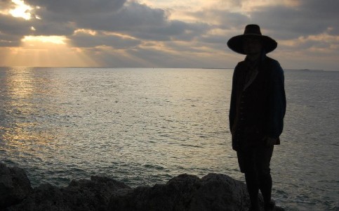 Mission in silhouette at sunset