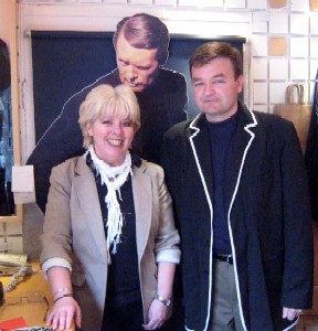 Sandra and Mission in the Portmeirion Prisoner Shop